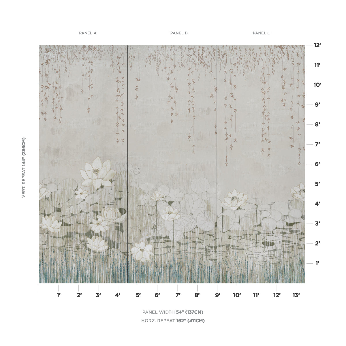 Three-panel wallpaper mural with a leaf motif on a soft gray-beige background; panels A–C.