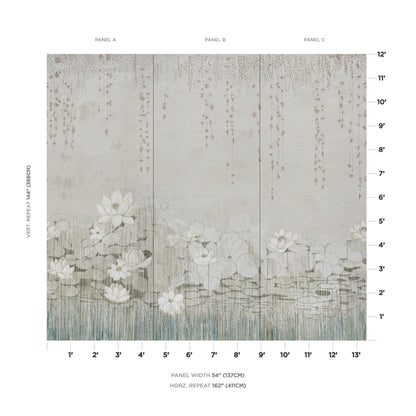 Three-panel wallpaper mural with a leaf motif on a soft gray-beige background; panels A–C.