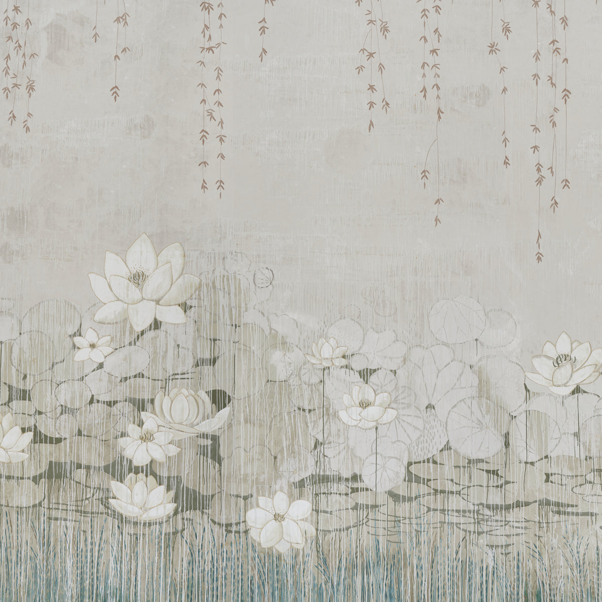 Soft gray watercolor floral scene with white lotus flowers on lily pads, hanging vines above a calm pond.