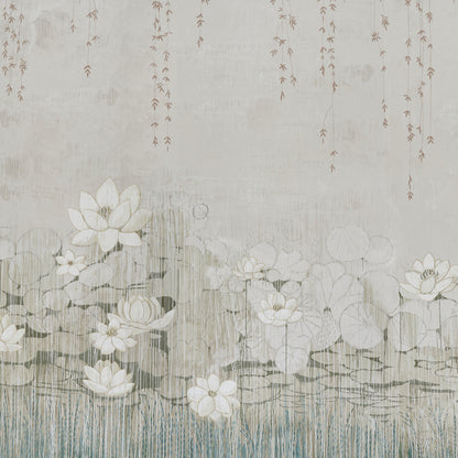 Soft gray watercolor floral scene with white lotus flowers on lily pads, hanging vines above a calm pond.