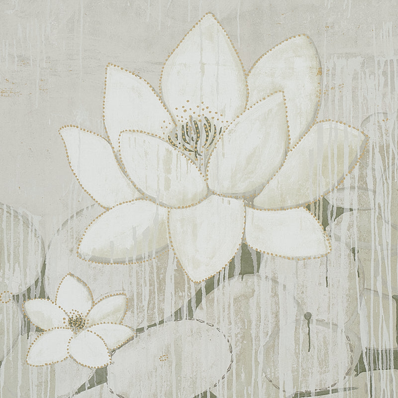 Cream leaf motif wall art with gold-dotted outlines on pale gray backdrop; panel set decorative canvas print.