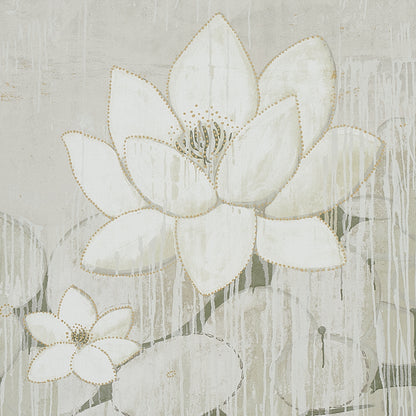 Cream leaf motif wall art with gold-dotted outlines on pale gray backdrop; panel set decorative canvas print.