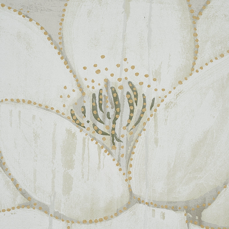 Cream floral wallpaper pattern with large petals, pale gold dotted outlines and a gray central bloom.