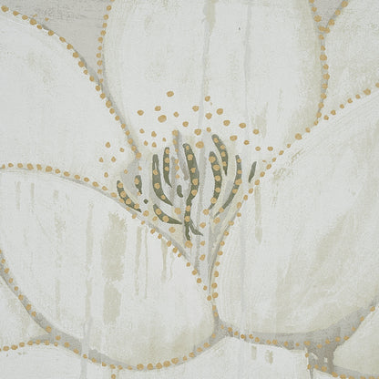 Cream floral wallpaper pattern with large petals, pale gold dotted outlines and a gray central bloom.