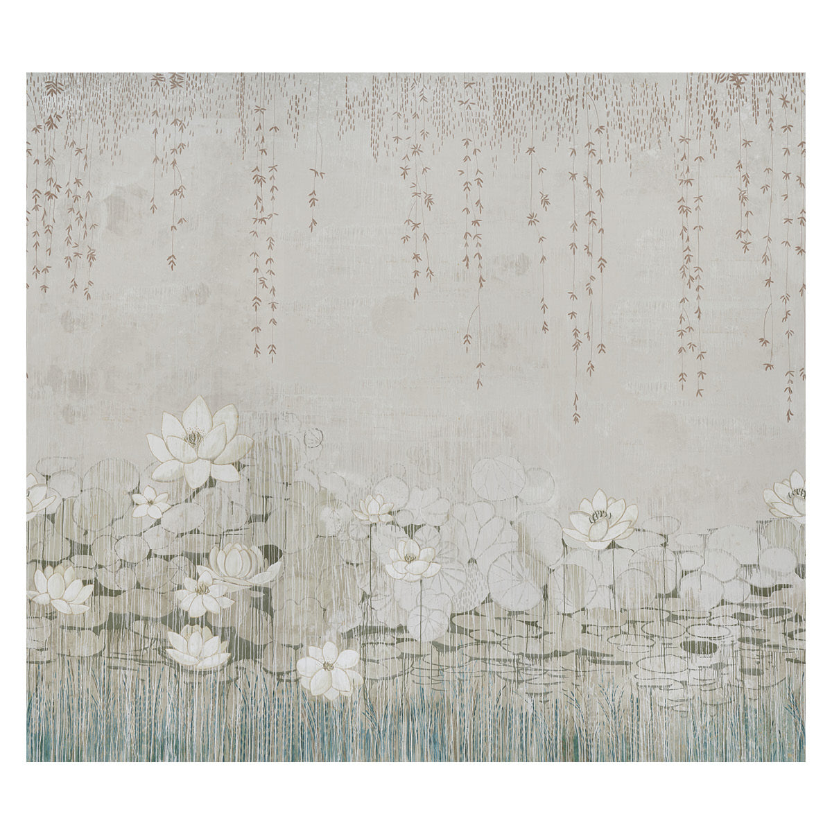 Pastel panel set wall art: pale gray backdrop with white water lilies and lily pads on a serene pond, hanging willow strands above.