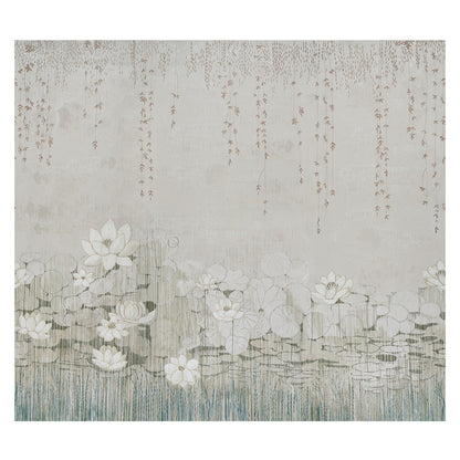 Pastel panel set wall art: pale gray backdrop with white water lilies and lily pads on a serene pond, hanging willow strands above.