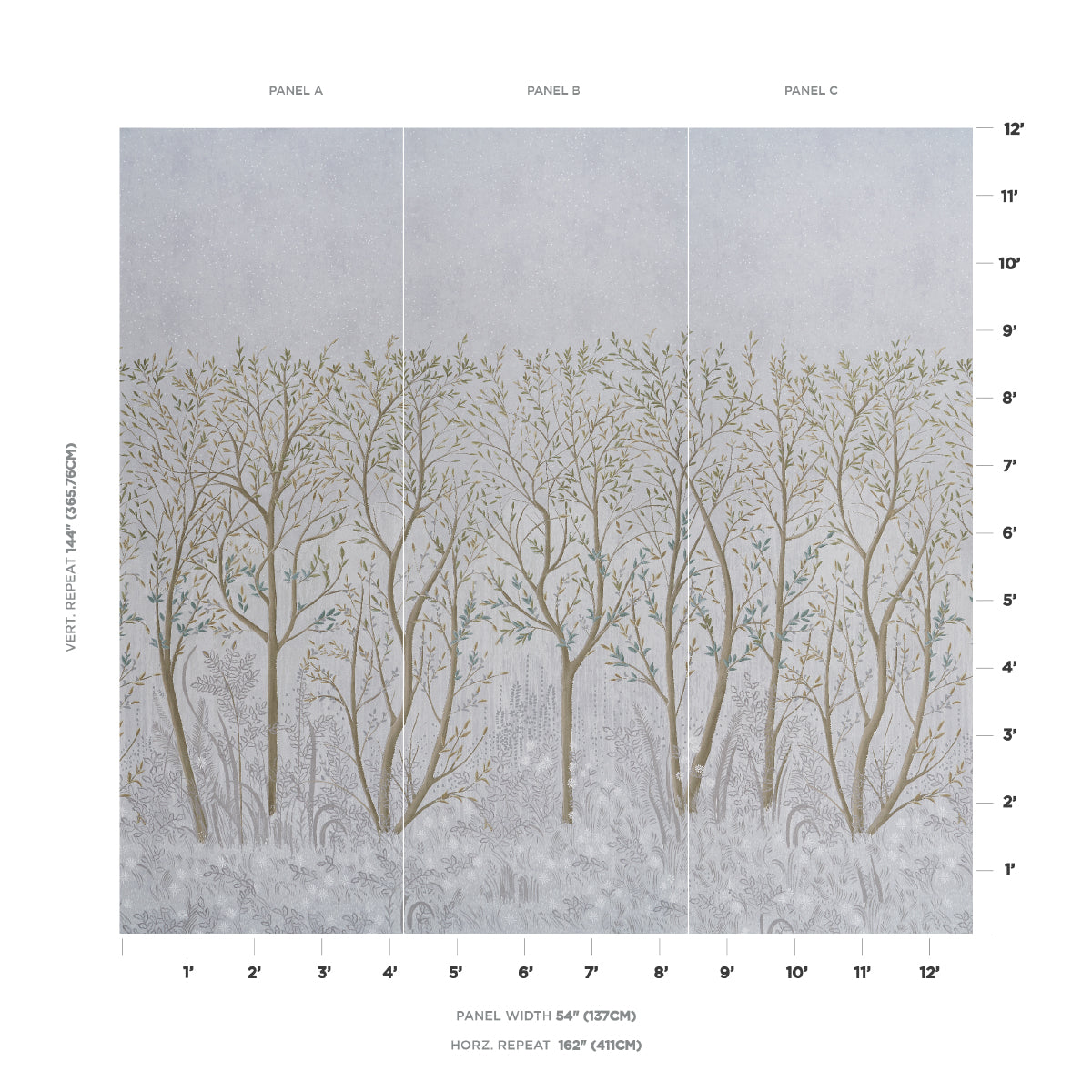 Three-panel tree mural with bare trunks in beige-taupe on gray backdrop; nature-inspired wallpaper for living spaces.