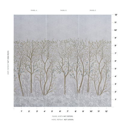 Three-panel tree mural with bare trunks in beige-taupe on gray backdrop; nature-inspired wallpaper for living spaces.