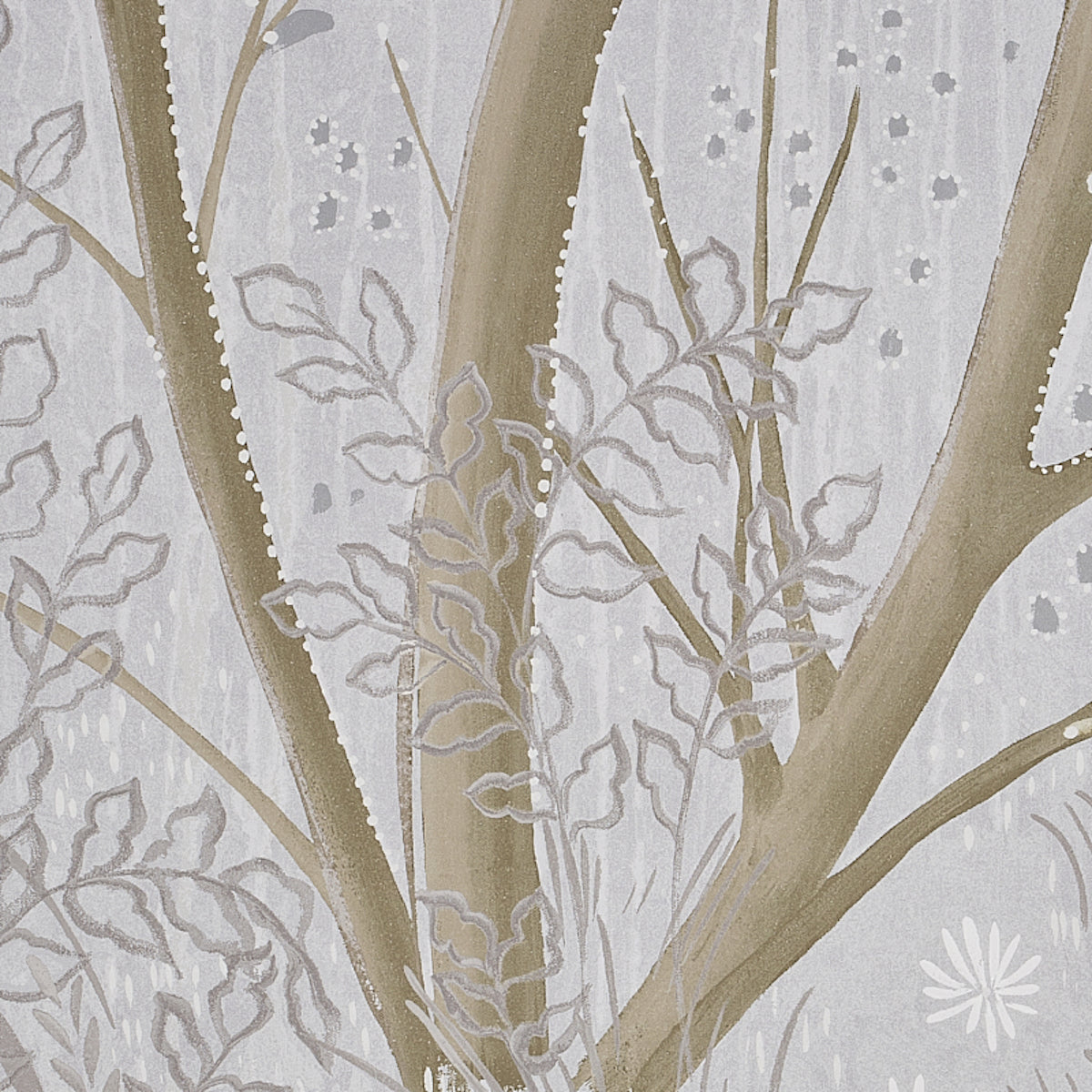 Beige tree branch pattern with delicate leaves on a light gray background; nature-inspired panel set in Dove.