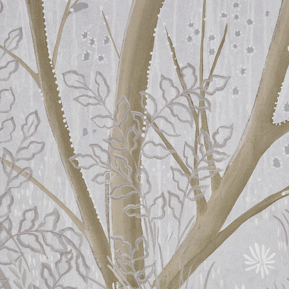 Beige tree branch pattern with delicate leaves on a light gray background; nature-inspired panel set in Dove.