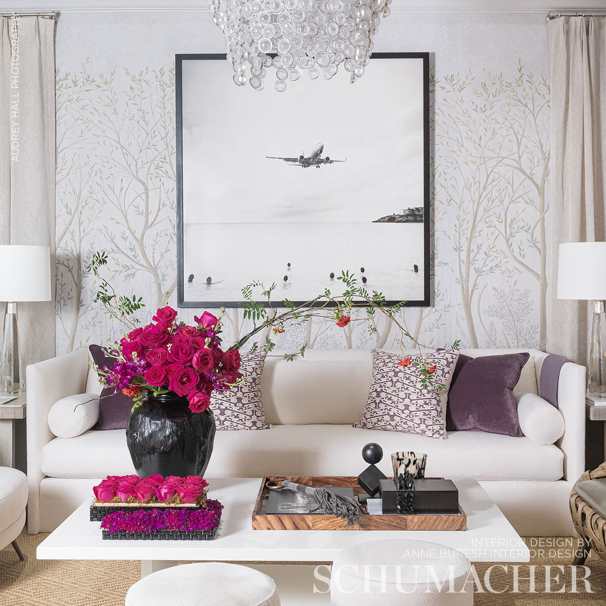 Dove wall panel set with golden accents for a modern glam interior.