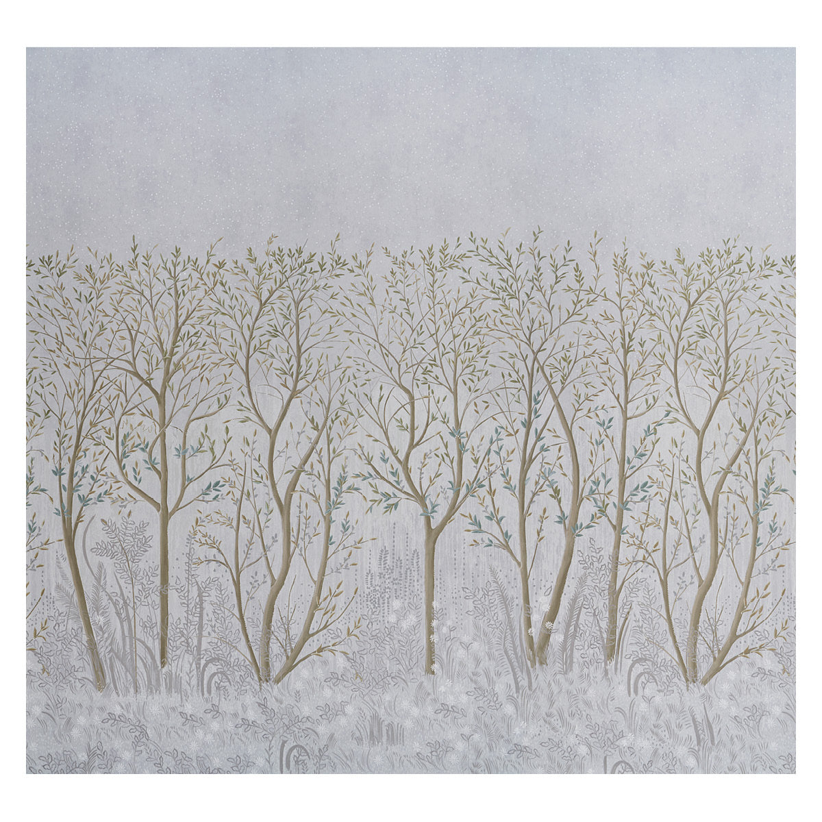 Muted gray landscape print featuring tall beige tree trunks with sparse green leaves, nature-inspired wallpaper panel.