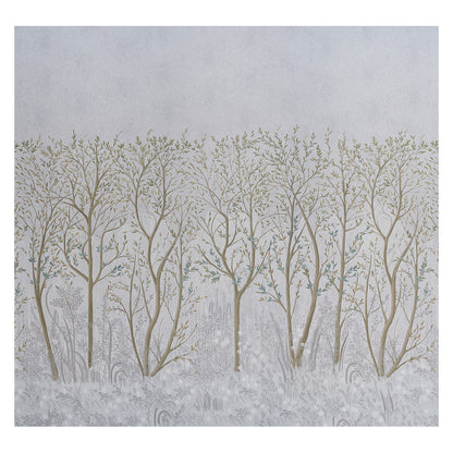 Muted gray landscape print featuring tall beige tree trunks with sparse green leaves, nature-inspired wallpaper panel.