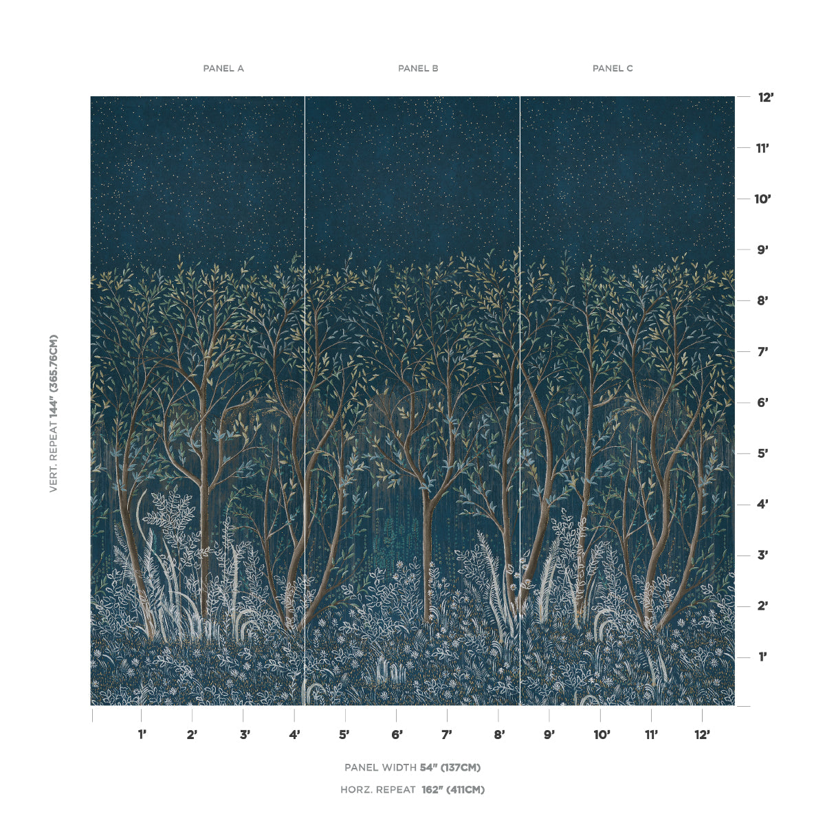 Three-panel triptych forest mural: tall gold-brown trees against a starry navy-to-teal night sky with pale blue undergrowth.