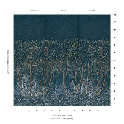 Three-panel triptych forest mural: tall gold-brown trees against a starry navy-to-teal night sky with pale blue undergrowth.