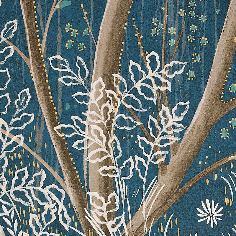Teal botanical print with brown tree trunks, white outlined leaves, and gold dotted accents; textile/wallpaper design.