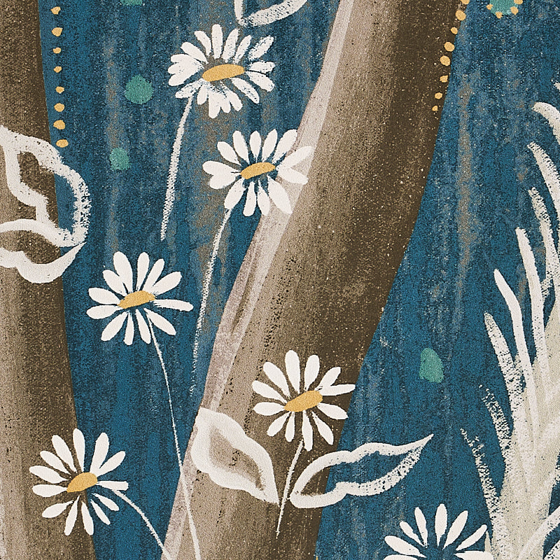 Boho botanical print featuring white daisies with yellow centers on teal textured background with brown tree-trunk shapes.