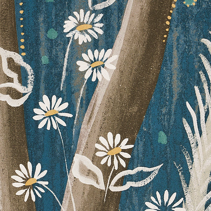 Boho botanical print featuring white daisies with yellow centers on teal textured background with brown tree-trunk shapes.