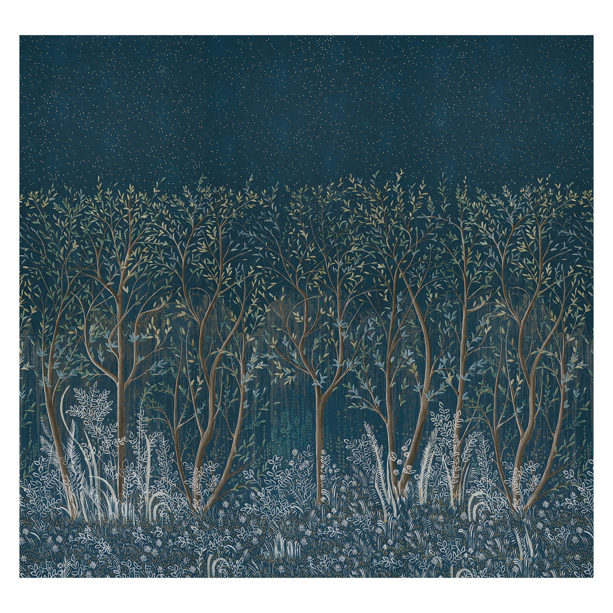 Night forest illustration with tall brown tree trunks, pale blue foliage, and starry teal sky over silver grasses.