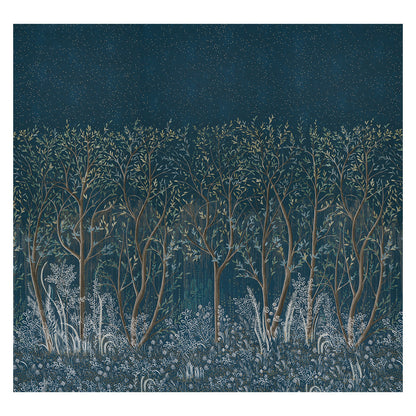 Night forest illustration with tall brown tree trunks, pale blue foliage, and starry teal sky over silver grasses.