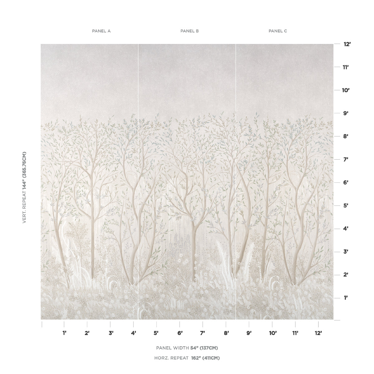 Neutral forest mural across 3 panels with bare trees, beige-gray tones, textured look; 54in wide per panel, 162in high