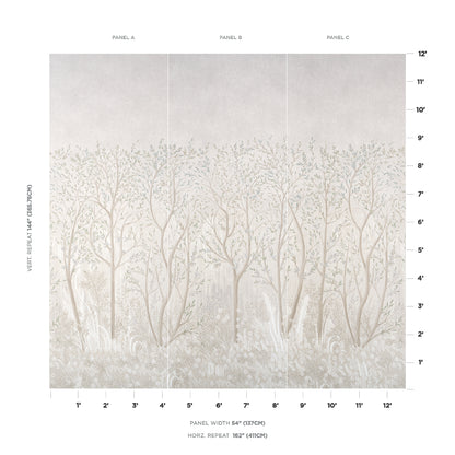 Neutral forest mural across 3 panels with bare trees, beige-gray tones, textured look; 54in wide per panel, 162in high