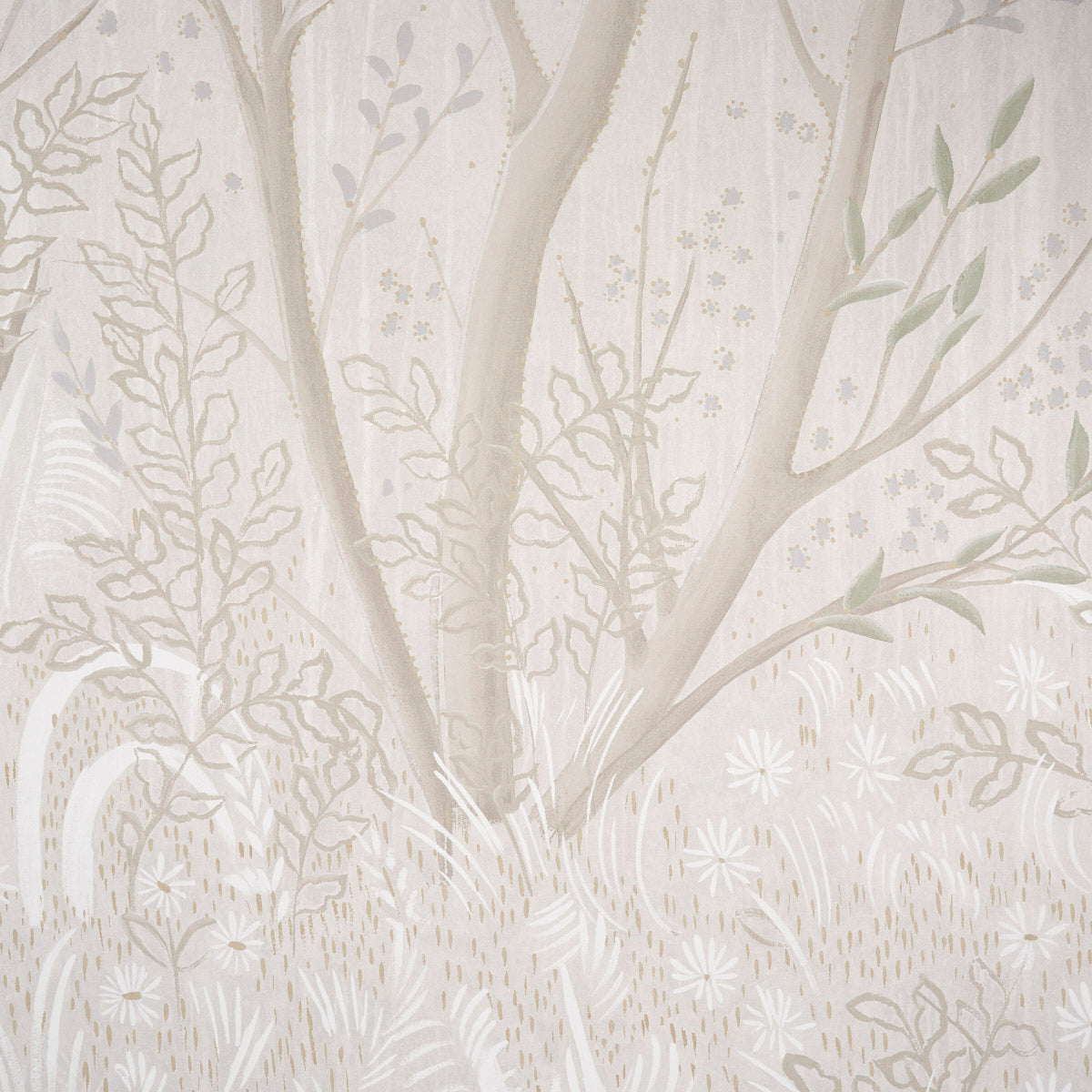 Beige botanical wallpaper with pale trees, soft grasses and delicate foliage in muted cream tones.