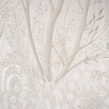 Beige botanical wallpaper with pale trees, soft grasses and delicate foliage in muted cream tones.