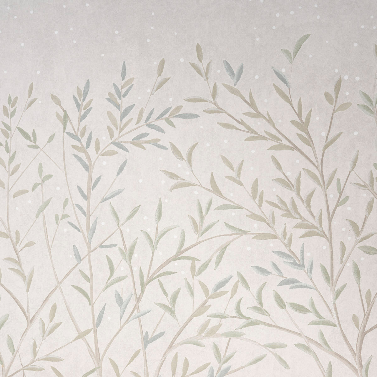 Soft beige, gray and pale blue leafy wallpaper with delicate branches on a light speckled background.