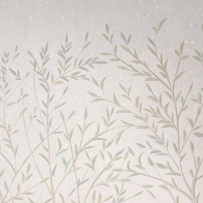 Soft beige, gray and pale blue leafy wallpaper with delicate branches on a light speckled background.