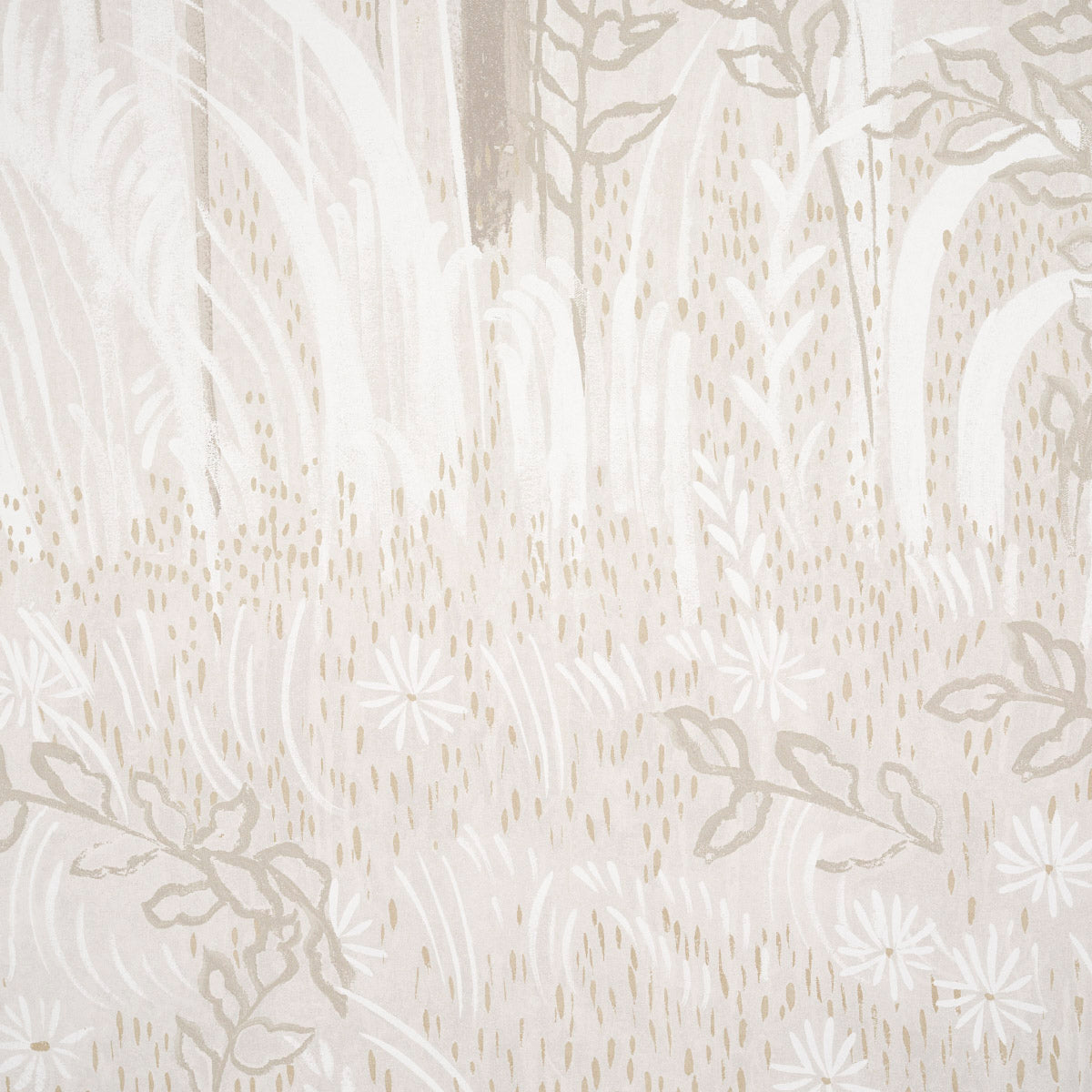 Cream-beige wallpaper with delicate botanical motif of flowers and grasses.