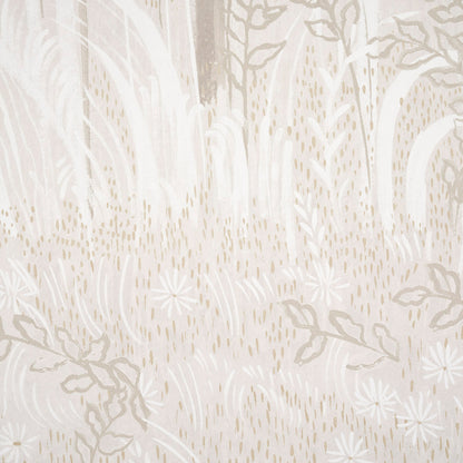 Cream-beige wallpaper with delicate botanical motif of flowers and grasses.