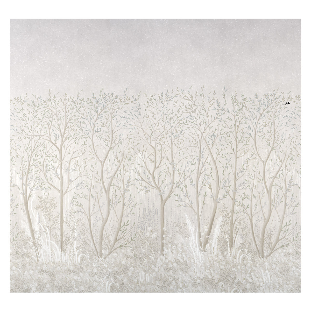Soft beige forest wallpaper with tall leafless trees, pale gray sky and grasses; small black bird in right.