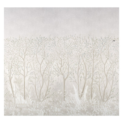 Soft beige forest wallpaper with tall leafless trees, pale gray sky and grasses; small black bird in right.