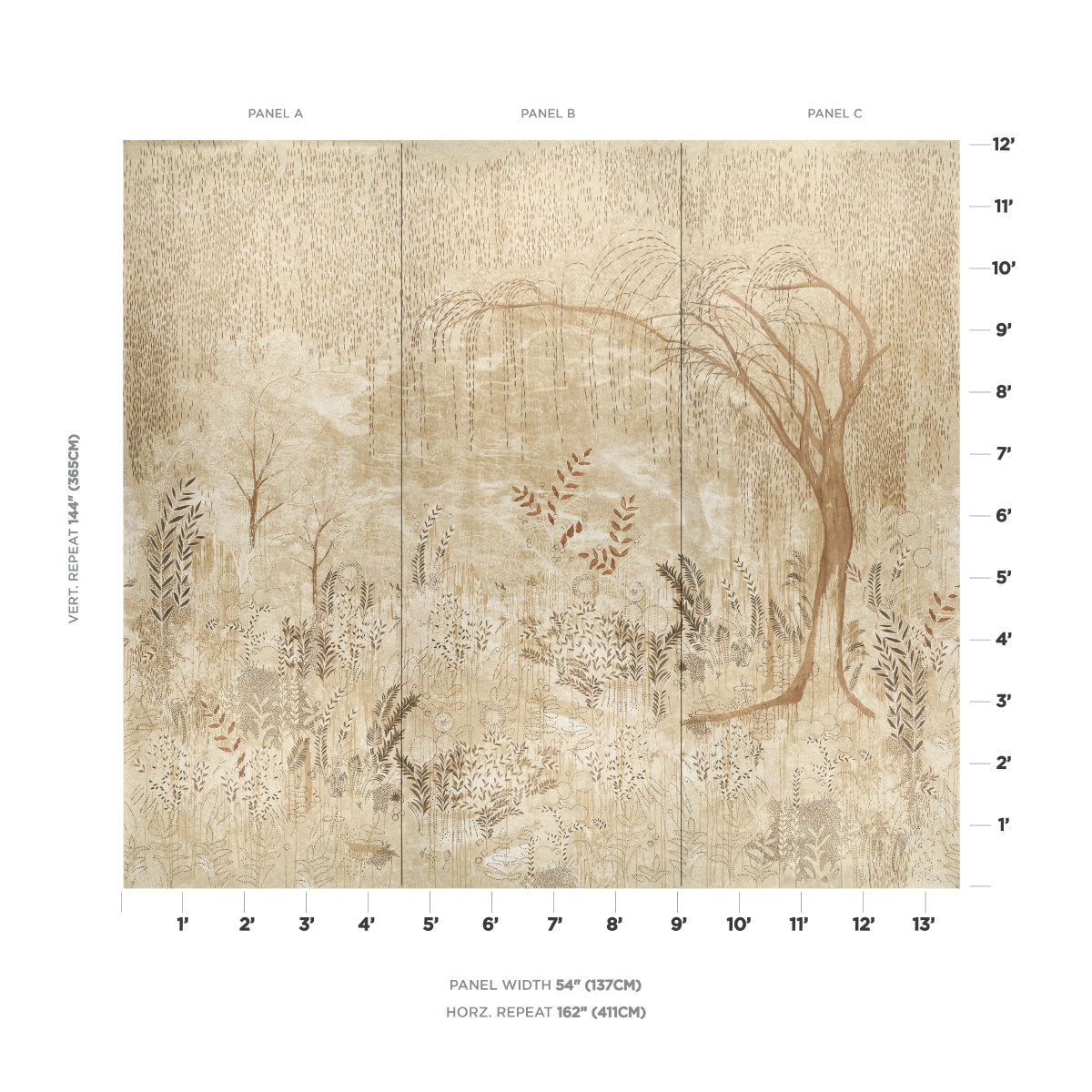 Triptych beige botanical wall art featuring trees & ferns in muted earthy tones; rustic nature mural.