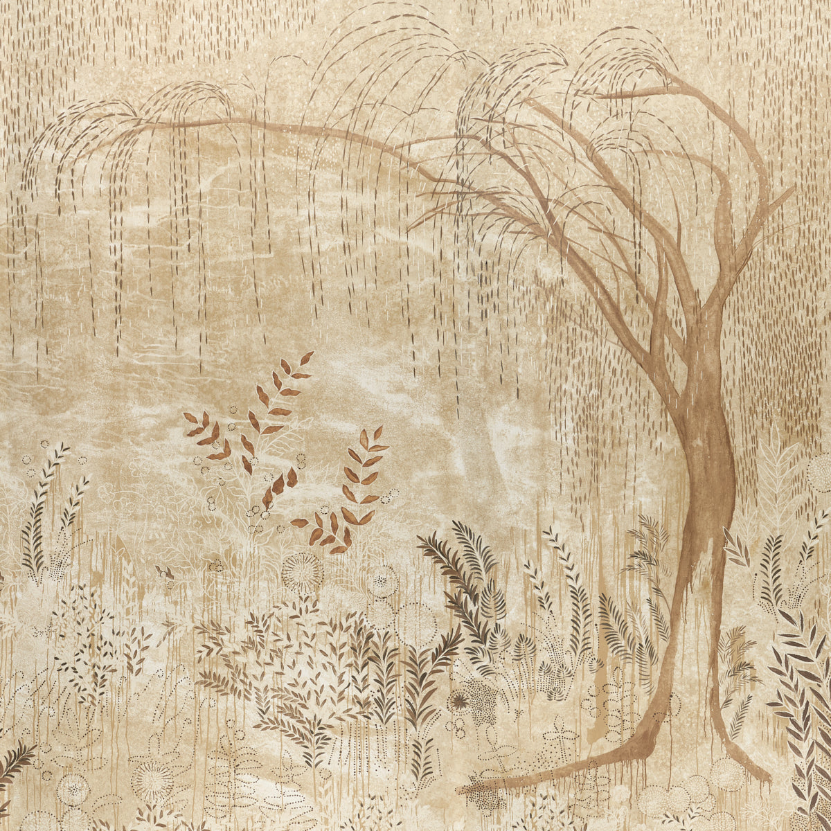 Beige-toned nature scene tapestry with a curved tree, ferns and grasses in a soft watercolor-style print.
