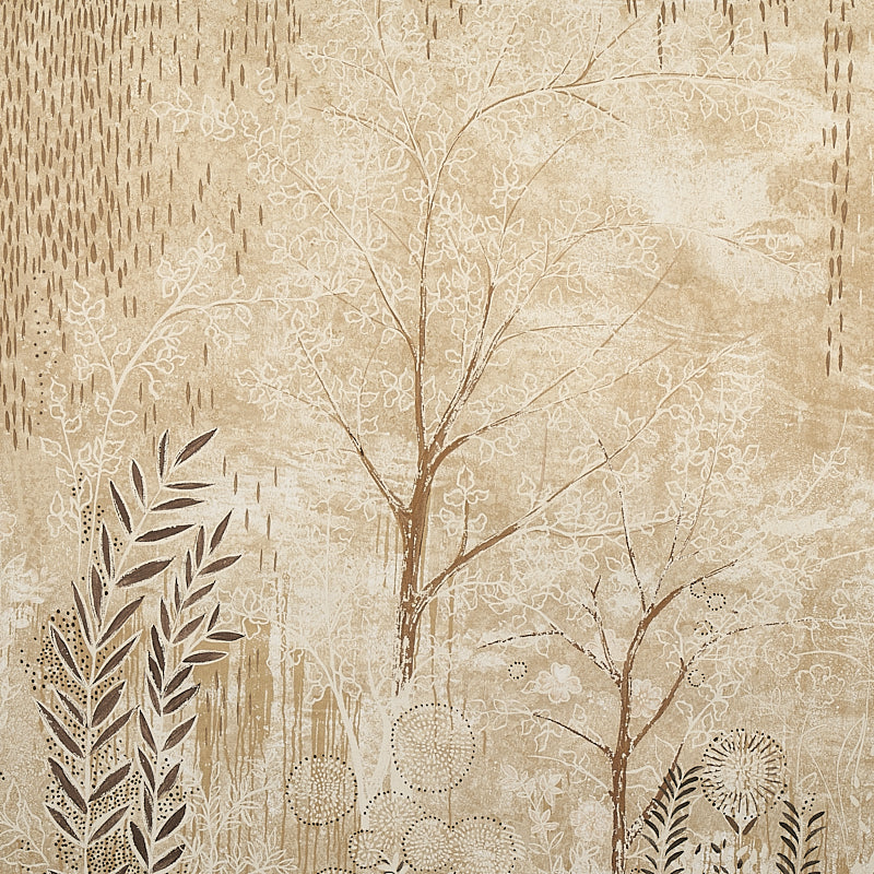 Beige botanical wallpaper with a delicate tree and leafy branches in a vintage textured pattern