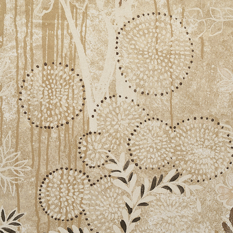 Beige botanical wallpaper with dotted circular flower motifs & leafy stems on a textured tan background.
