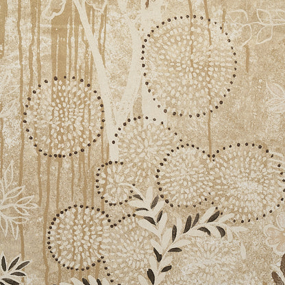 Beige botanical wallpaper with dotted circular flower motifs & leafy stems on a textured tan background.