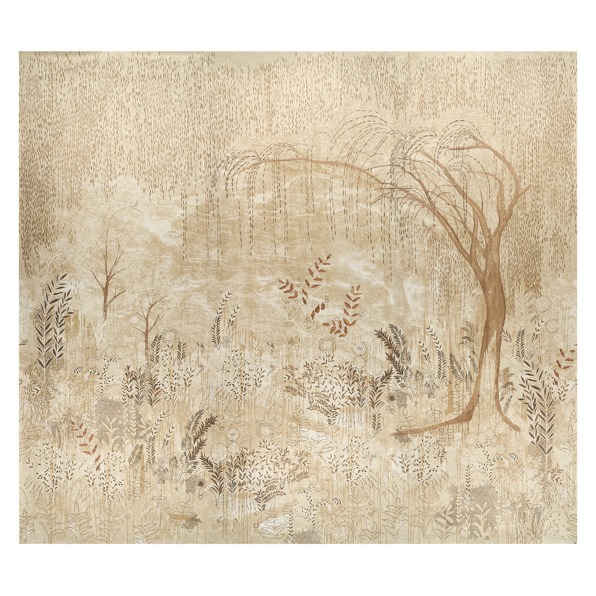 Beige-toned vintage landscape with a sweeping willow on the right and delicate grasses and foliage.