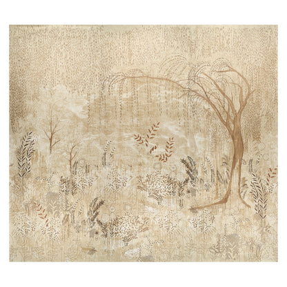 Beige-toned vintage landscape with a sweeping willow on the right and delicate grasses and foliage.