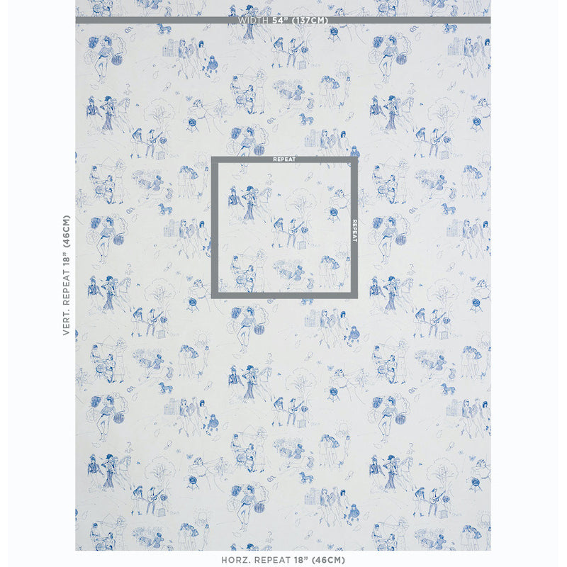 Indigo toile de femmes print fabric with female-figures pattern on white; repeatable for upholstery or drapery.