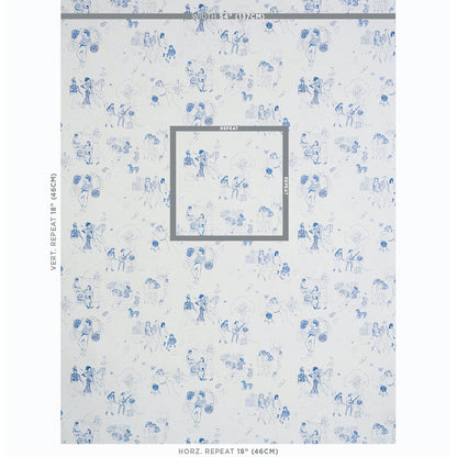Indigo toile de femmes print fabric with female-figures pattern on white; repeatable for upholstery or drapery.