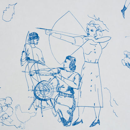 Blue ink sketch of archers: standing woman with bow, kneeling man aiming, beside a wheel and a seated figure.
