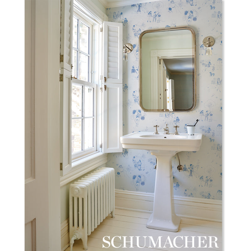 Indigo toile wallpaper pattern with vintage female figures and floral motifs.