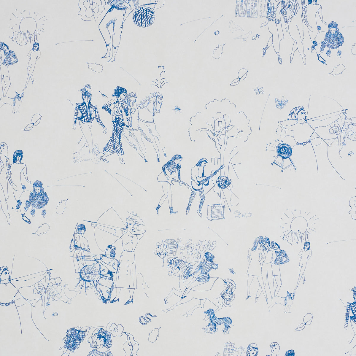 Indigo line-drawn toile-style pattern featuring people walking, playing guitar, and dancing, with sun and trees.