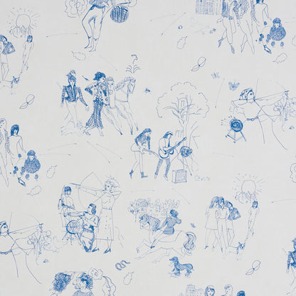 Indigo line-drawn toile-style pattern featuring people walking, playing guitar, and dancing, with sun and trees.