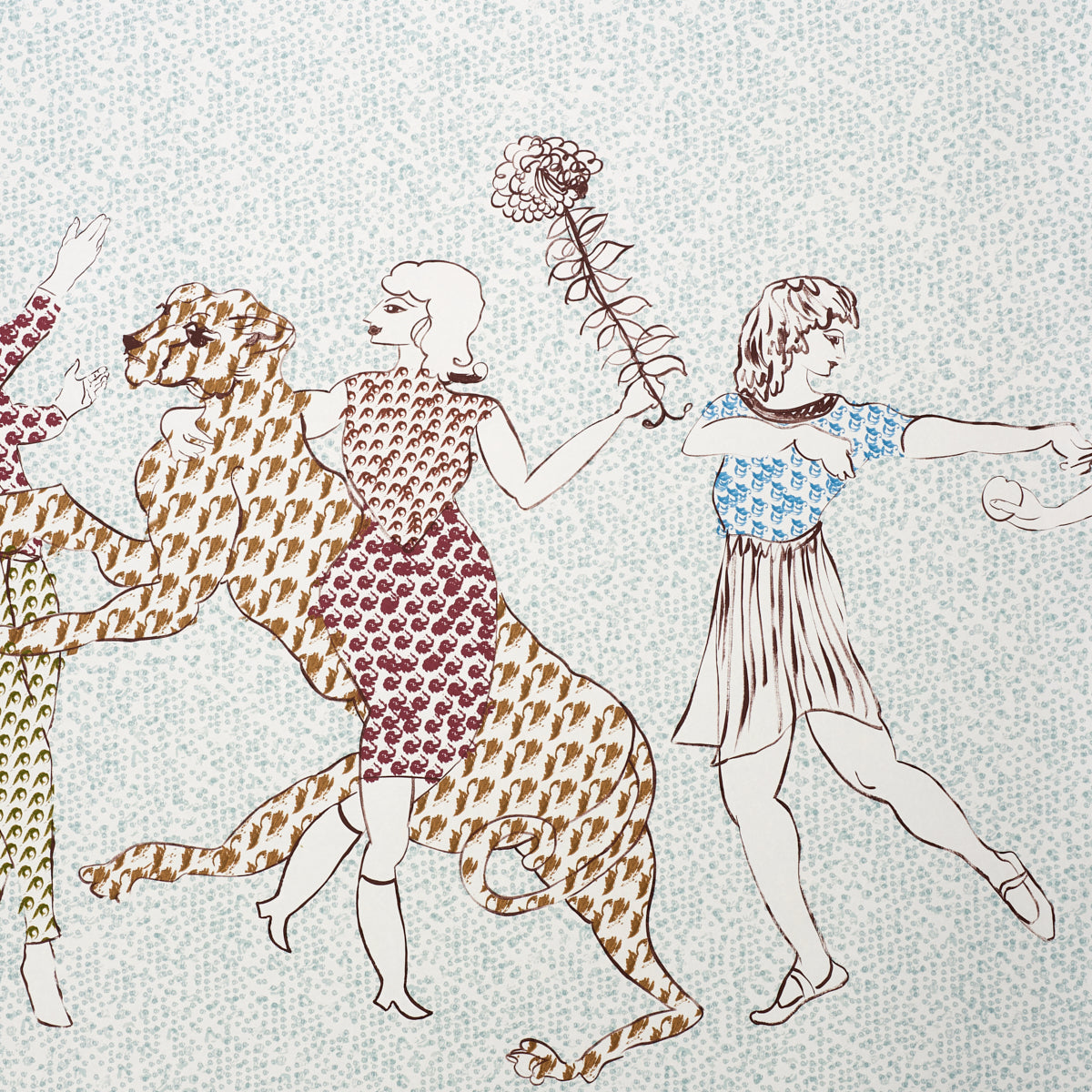 Whimsical vintage illustration of three figures dancing with a spotted leopard on a leash against pastel blue background.