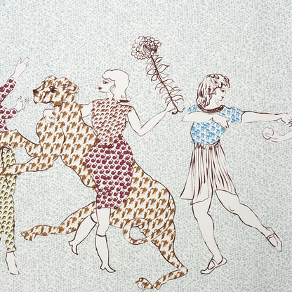 Whimsical vintage illustration of three figures dancing with a spotted leopard on a leash against pastel blue background.