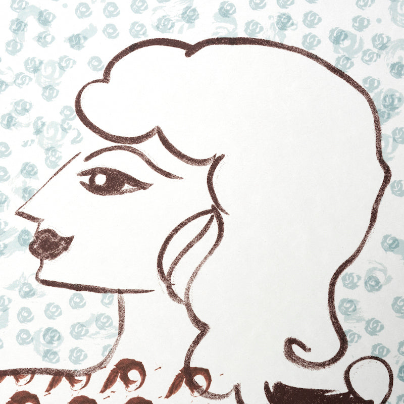 Brown line-drawing of a head silhouette with curly hair on a pale blue floral backdrop.